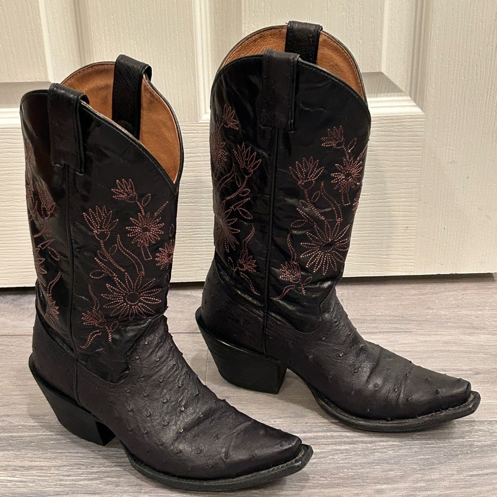 Shyanne Black Ostrich Leather Boots with Floral Embroidery